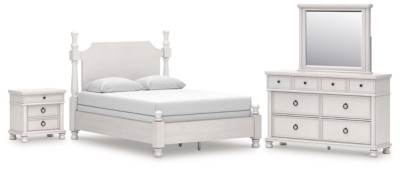 Ashley Chadworth Antique White Queen Poster Bed, Dresser, Mirror and Nightstand