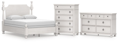 Ashley Chadworth Antique White Queen Poster Bed, Dresser and Chest