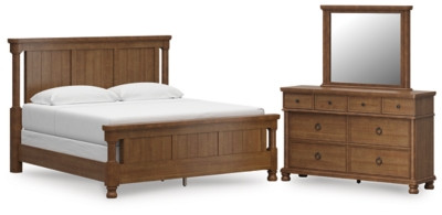 Ashley Chadworth Brown King Poster Bed with Mirrored Dresser