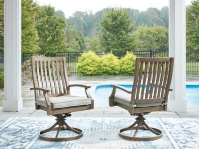 Ashley Rainier Ranch Brown Beige Outdoor Swivel Chair with Cushion (Set of 2)