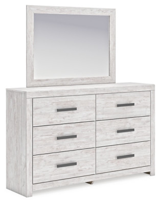 Cayboni Whitewash Queen Panel Bed with Mirrored Dresser