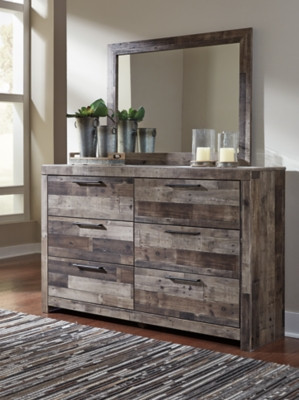 Benchcraft Derekson Multi Gray Queen Panel Bed with 6 Storage Drawers with Mirrored Dresser and 2 Nightstands