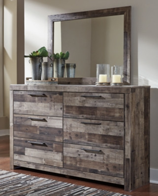Benchcraft Derekson Multi Gray Queen Panel Bed with 4 Storage Drawers with Mirrored Dresser