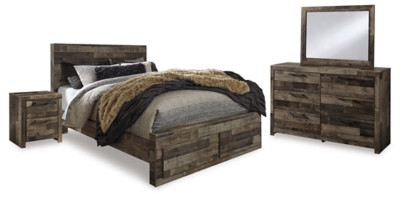 Benchcraft Derekson Multi Gray Queen Panel Storage Bed with Mirrored Dresser and Nightstand
