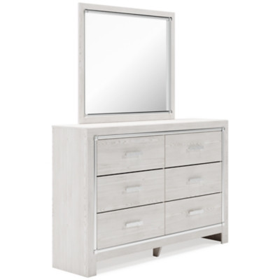Altyra White King Panel Bookcase Bed with Mirrored Dresser, Chest and Nightstand