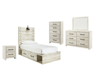 Ashley Cambeck Whitewash Twin Panel Bed with 4 Storage Drawers with Mirrored Dresser, Chest and Nightstand