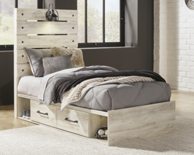 Cambeck Whitewash Twin Panel Bed with 4 Storage Drawers with Mirrored Dresser