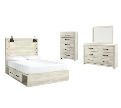 Ashley Cambeck Whitewash Queen Panel Bed with 4 Storage Drawers with Mirrored Dresser and Chest