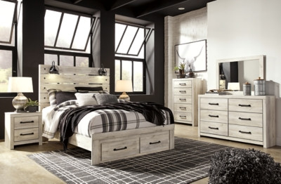 Cambeck Whitewash Queen Panel Bed with 2 Storage Drawers with Mirrored Dresser, Chest and Nightstand