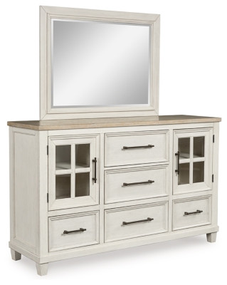 Benchcraft Shaybrock Antique White Queen Panel Bed with Mirrored Dresser and 2 Nightstands