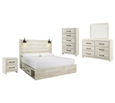 Ashley Cambeck Whitewash King Panel Bed with 4 Storage Drawers with Mirrored Dresser, Chest and Nightstand
