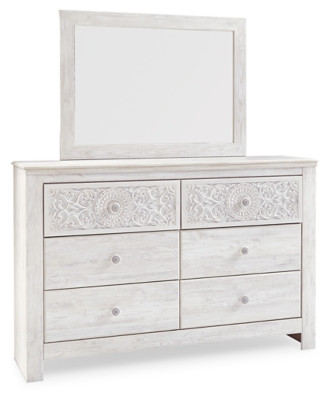 Ashley Paxberry Whitewash Queen Panel Bed with Mirrored 61" W Dresser, Chest and Nightstand
