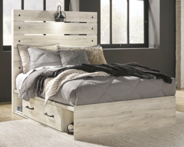 Cambeck Whitewash Full Panel Bed with 4 Storage Drawers with Mirrored Dresser