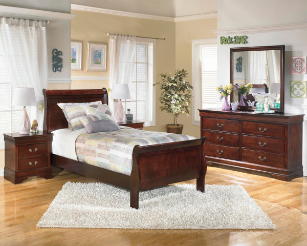 Ashley Alisdair Reddish Brown Twin Sleigh Bed with Mirrored Dresser and 2 Nightstands