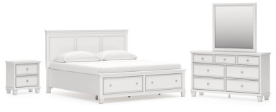 Ashley Fortman White King Panel Storage Bed with Mirrored Dresser and Nightstand