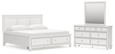 Ashley Fortman White King Panel Storage Bed with Mirrored Dresser