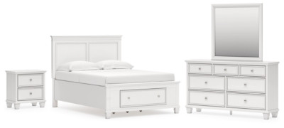 Ashley Fortman White Full Panel Storage Bed, Dresser, Mirror and Nightstand