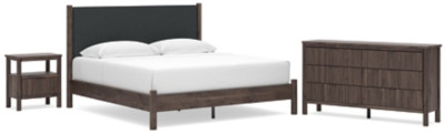 Ashley Cadmori Brown King Upholstered Panel Platform Bed, Dresser and Nightstand