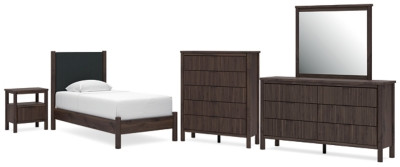Ashley Cadmori Brown Twin Upholstered Panel Bed, Dresser, Mirror, Chest and Nightstand