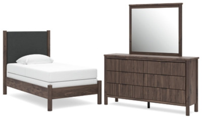 Ashley Cadmori Brown Twin Upholstered Panel Bed, Dresser and Mirror