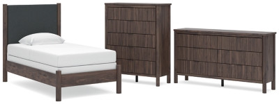 Ashley Cadmori Brown Twin Upholstered Panel Bed, Dresser and Chest