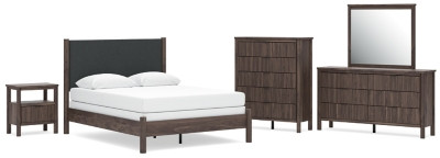 Ashley Cadmori Brown Queen Upholstered Panel Bed, Dresser, Mirror, Chest and Nightstand
