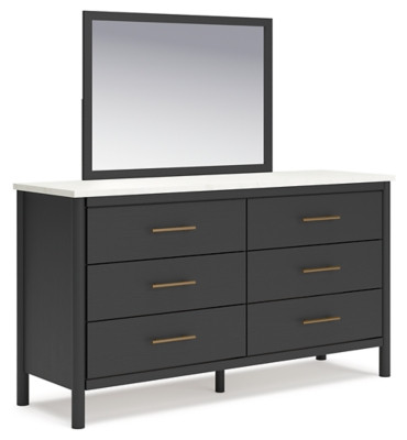 Ashley Cadmori Black White Queen Upholstered Panel Bed, Dresser, Mirror, Chest and Nightstand