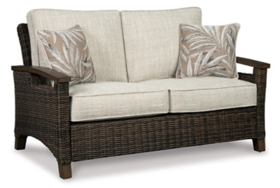 Ashley Paradise Trail Medium Brown Outdoor Loveseat and 2 Lounge Chairs with Fire Pit Table
