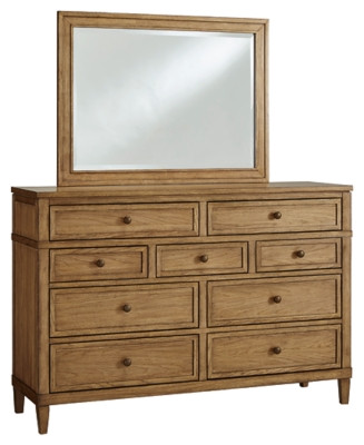 Ashley Sharlance Light Brown California King Upholstered Panel Bed, Dresser, Mirror and Chest