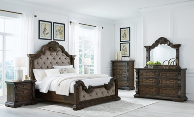Ashley Maylee Dark Brown King Upholstered Bed with Mirrored Dresser, Chest and 2 Nightstands