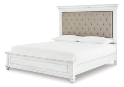 Benchcraft Kanwyn Whitewash Queen Upholstered/ Tufted Panel Bed with Mirrored Dresser and Chest