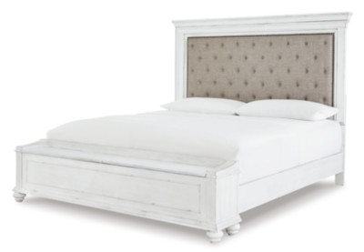 Benchcraft Kanwyn Whitewash Queen Panel Bed with Storage with Mirrored Dresser, Chest and 2 Nightstands