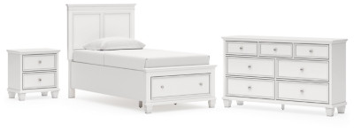 Ashley Fortman White Twin Panel Storage Bed, Dresser and Nightstand