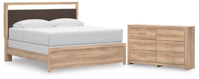 Ashley Hollymount Tan King Upholstered Panel Bed and Dresser