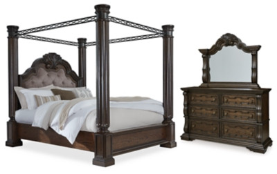 Ashley Maylee Dark Brown California King Canopy Bed, Dresser and Mirror