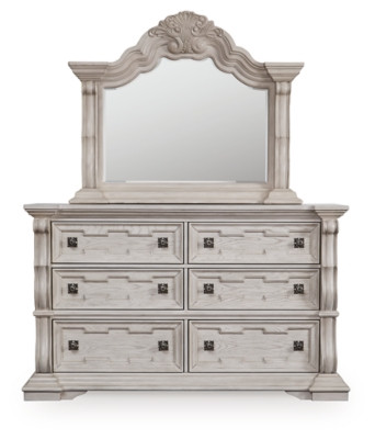 Ashley Andonhall Antique White King Upholstered Panel Bed with Mirrored Dresser and Nightstand