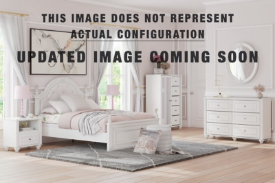 Ashley Maylilly White Twin Upholstered Panel Bed with Storage, Dresser, Mirror and Chest