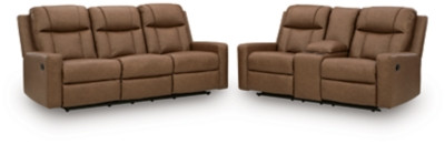 Benchcraft Mackmenville Caramel Reclining Sofa and Reclining Loveseat with Console