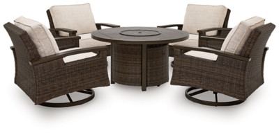Ashley Drakes Beach Dark Brown Outdoor Fire Pit Table and 4 Chairs