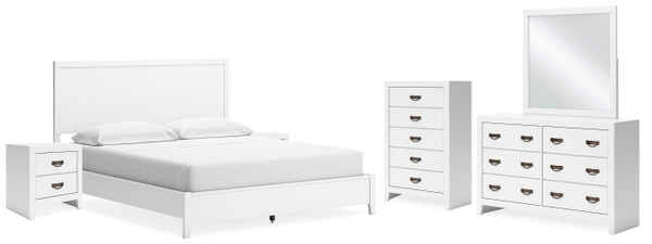 Ashley Binterglen White California King Panel Bed with Mirrored Dresser, Chest and 2 Nightstands