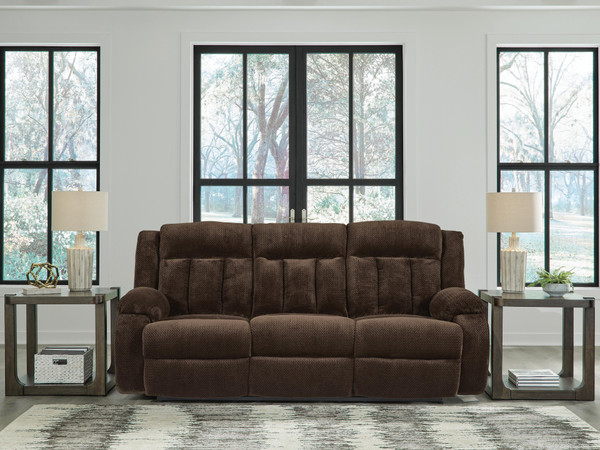 Ashley Greely Bend Chocolate Power Reclining Sofa with Drop Down Table