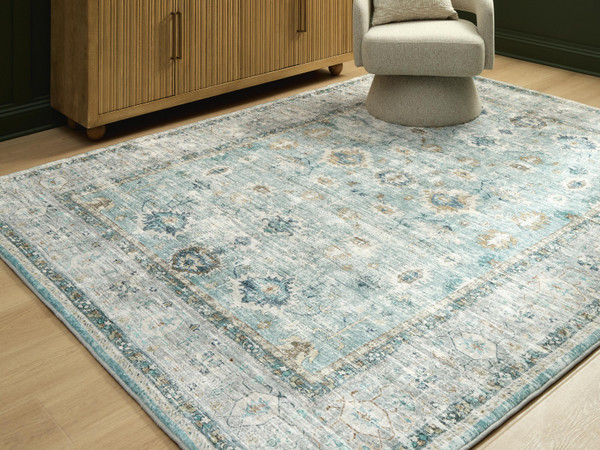 Ashley Ladstoney Teal Beige Ochre 7'6" X 9'6" Memory Foam Area Rug