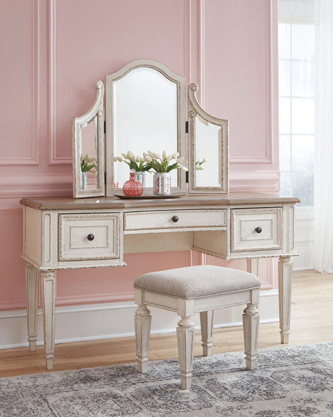 Ashley Realyn Two-tone Vanity and Mirror with Stool (Set of 3)
