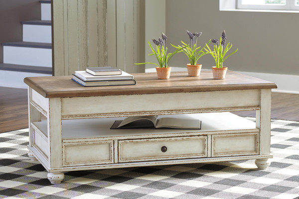 Ashley Realyn White Brown Coffee Table with Lift Top