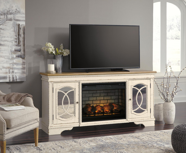 Ashley Realyn Chipped White 74" TV Stand with Electric Fireplace