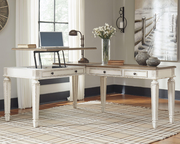Ashley Realyn White Brown 2-Piece Home Office Lift Top Desk