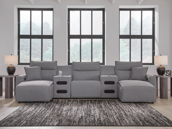 Ashley Modmax II Salt and Pepper 5-Piece Power Reclining Sectional with Chaise and Audio Consoles