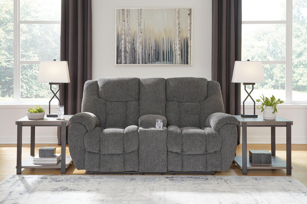 Ashley Foreside Charcoal Reclining Loveseat with Console