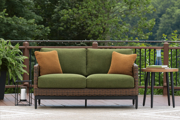 Ashley Horizon Hall Brown Green Outdoor Loveseat with Cushion