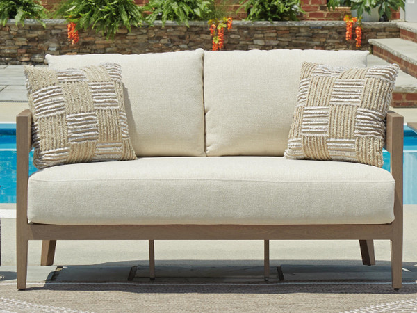Ashley Serene Bay Dark Brown White Outdoor Loveseat with Cushion